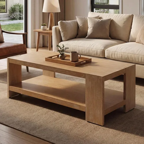 Miniatura 9 de chairus Mesa auxiliar de 47 pulgadas con almacenamiento de 2 niveles, mesa central rectangular de granja con patas de madera de pino maciza
