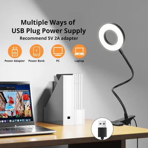Miniatura 6 de Woputne Lámpara de escritorio con clip para lectura en casa, oficina, 10 brillo regulable, 3 modos, luz de abrazadera para cabecera de cama Negro