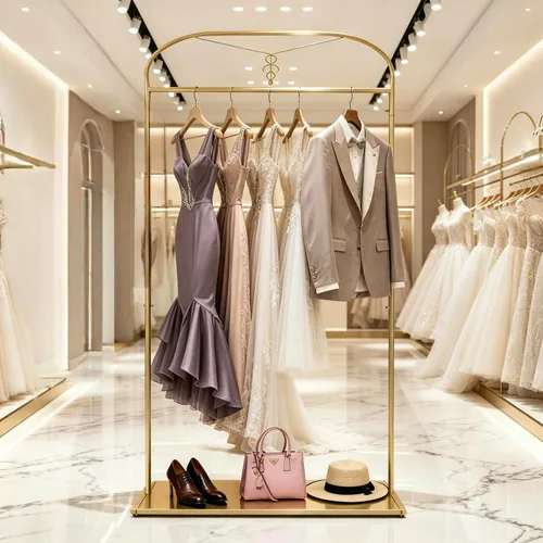 Miniatura 3 de 91" estante alto de la ropa del oro con los estantes, estante largo del vestido de la ejecución Estantes de ropa nupcial, organizador para tienda