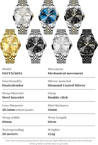 Miniatura 59 de OLEVS Reloj de pulsera automático con diseño de esqueleto para hombre, de lujo, con diamantes de lujo, de acero inoxidable, calendario, reloj