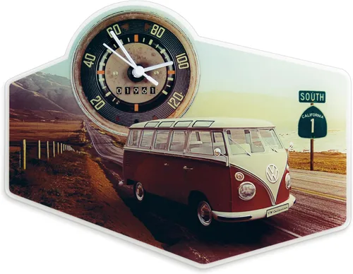 BRISA VW Collection - Reloj de cuarzo de pared retro vintage de vidrio acrílico, diseño de autobús T1 (carretera 1/multicolor)