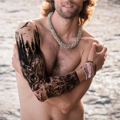 Miniatura 6 de Mangas temporales de tatuaje de bosque, brazo completo, lobo grande, león, animal, bosque, tribal, tatuajes falsos para hombres, mujeres y adultos