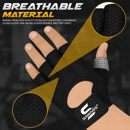 Miniatura 3 de SAWANS Guantes de entrenamiento para hombres y mujeres, guantes para levantamiento de pesas, guantes de gimnasio, fitness, ejercicio, ciclismo, Negro