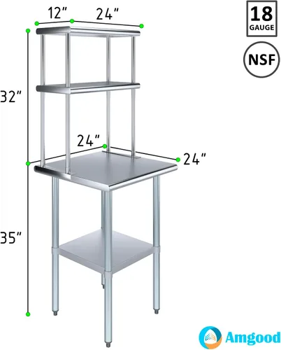 Miniatura 3 de AmGood Mesa de trabajo de acero inoxidable con estante de doble nivel de 12 pulgadas de ancho Combo de mesa de preparación de cocina y estantes