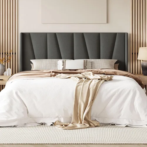 Miniatura 14 de Allewie Marco de Cama de Plataforma de Terciopelo Tamaño Queen con Cabecera Wingback Geométrica, Cama Tapizada Boho con Soporte de Listones de Negro