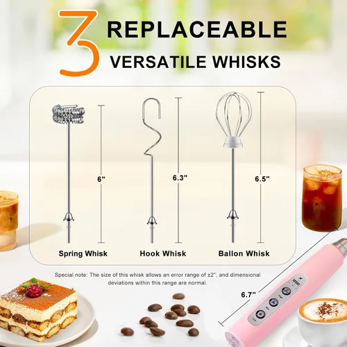 Miniatura 5 de YUSWKO - Espumador de leche recargable USB de mano con 3 cabezas, mini mezclador eléctrico de bebidas con 3 velocidades para latte, capuchino, Rosa