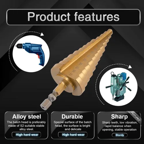 Miniatura 6 de KATUR Broca escalonada de titanio HSS en espiral, broca Unibit para cortar agujeros de perforación en acero, hoja de metal, múltiples agujeros