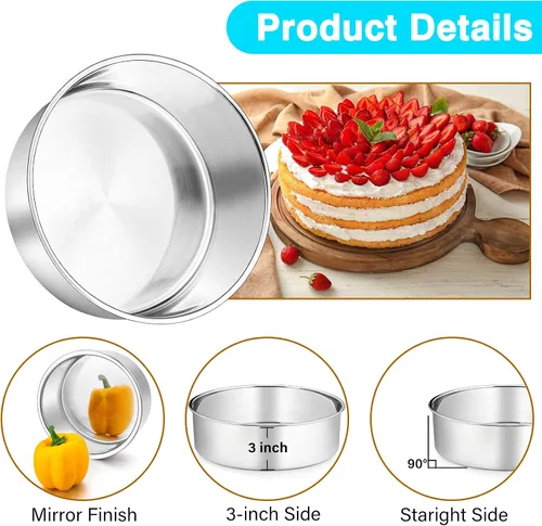 Miniatura 3 de P&P CHEF - Juego de moldes para tartas de 8 pulgadas, moldes redondos para hornear de acero inoxidable para capas, moldes para tartas de cumpleaños