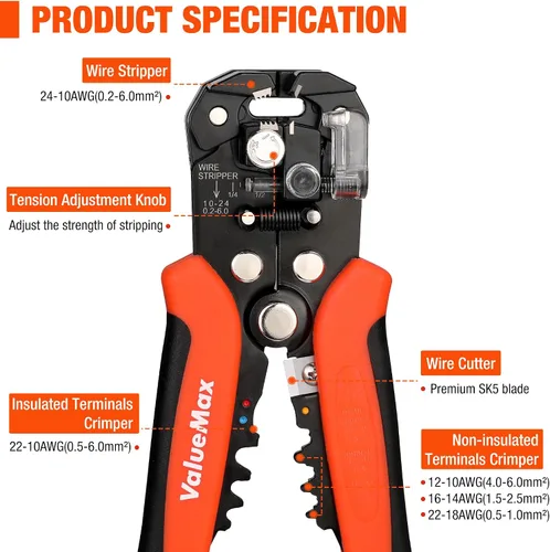 Miniatura 2 de ValueMax Juego de herramientas para pelacables de 266 piezas, herramienta automática autoajustable de 8 pulgadas para AWG 10-24, pelacables