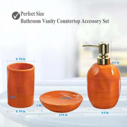Miniatura 2 de Juego de accesorios de baño naranja quemado, 3 piezas de cerámica completa, soportes para cepillos de dientes, dispensador de jabón, jabonera