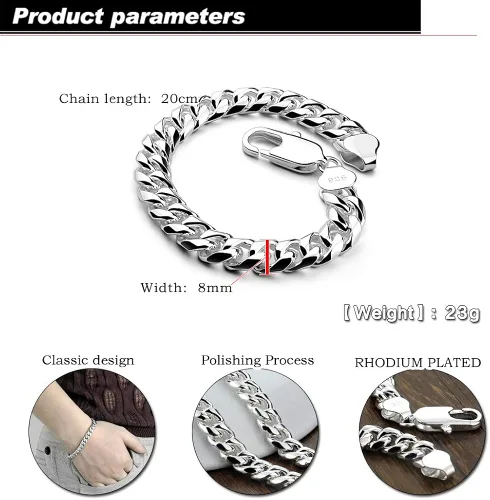 Miniatura 2 de Dankadi - Pulsera de plata para hombre, cadena cubana de 0.315in y 7.9in, para hombre