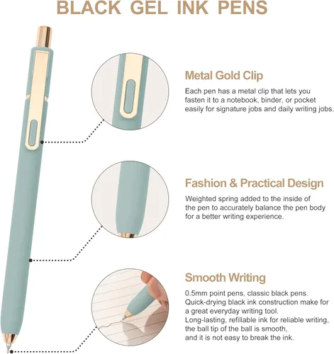 Miniatura 3 de Linbsunne Bolígrafos de gel de tinta negra para oficina 0.5mm de punta fina, escritura suave, retráctiles (clip dorado de metal - 10 piezas)