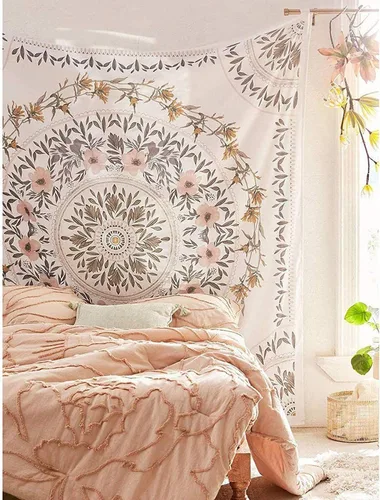 Miniatura 10 de Simpkeely Tapiz de medallón floral esbozado, tapiz colgante de pared con mandala bohemio, mural de impresión de arte indio para dormitorio, sala