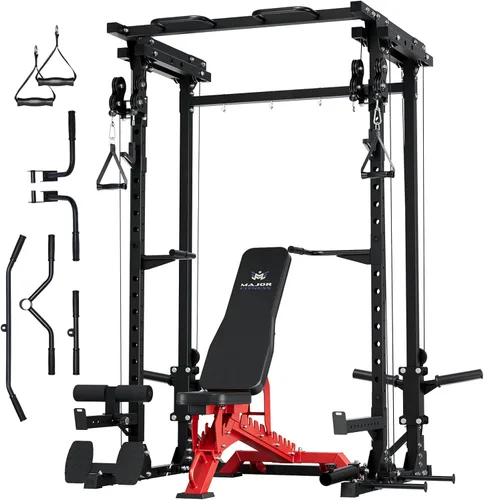 Miniatura 18 de MAJOR FITNESS Drone3 Power Rack, banco de sentadillas para gimnasio en casa de 2500lbs multifunción con sistema de polea doble, barra de tracción