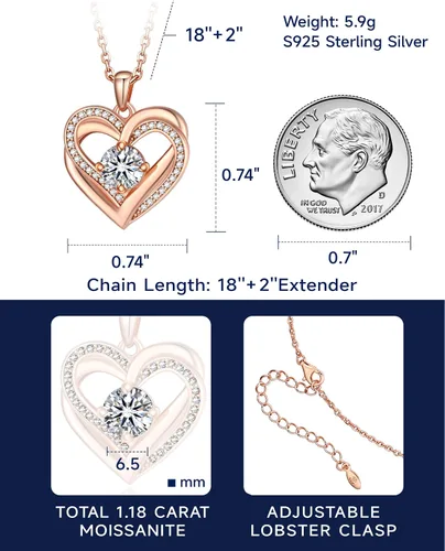 Miniatura 23 de MomentWish Collar de corazón para mujer, moissanita, diamante de imitación, plata de ley 925