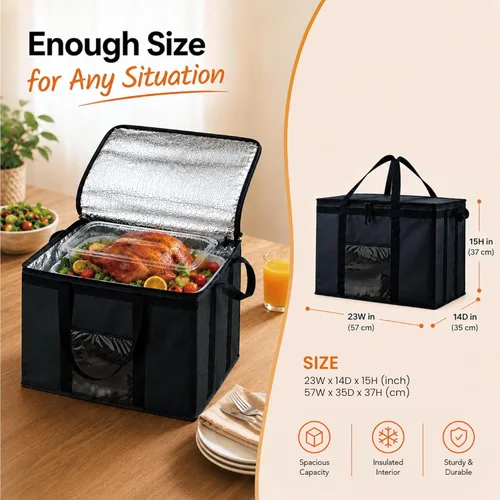 Miniatura 36 de NZ home Bolsa térmica XXL aislada y calentador de alimentos para entrega y compras de comestibles con parte superior con cremallera, color negro