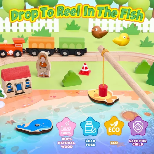 Miniatura 2 de Juego de tren de madera de 61 piezas para niños pequeños de 3 a 8 años, pista de tren expandible de doble cara con rompecabezas y juguetes de pesca