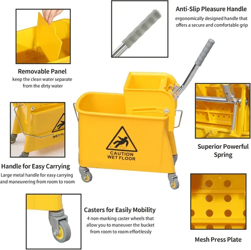 Miniatura 3 de Cubo de fregona con escurridor, 22 cuartos (5.5 galones), limpieza de pisos, mango, ruedas, 16.5" L x 10.6" A x 26.4" Al, amarillo, más una fregona