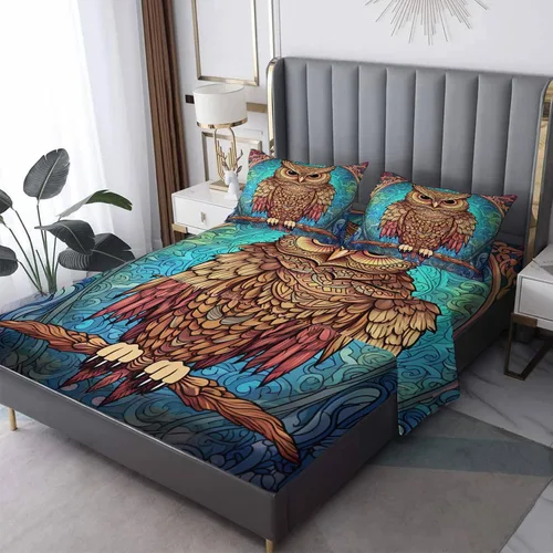 Miniatura 8 de Juego de sábanas de búho tamaño individual, sábanas de microfibra suave y bolsillo profundo, sábanas y fundas de almohada estampadas sin arrugas, 3