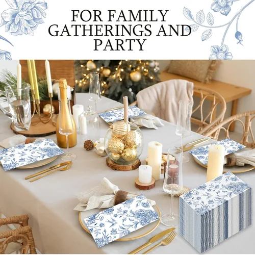 Miniatura 6 de Tatuo 200 piezas de servilletas de papel azul floral, toallas de mano desechables para baño, servilletas decorativas para invitados, papel