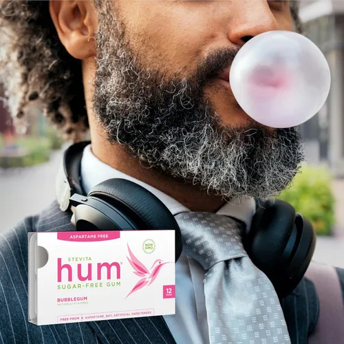 Miniatura 6 de Stevita Hum, Bubblegum - Goma de mascar sin azúcar - 12 piezas, paquete de 12 - Apoya la salud oral - Sin OMG, vegetariano, keto, sin gluten - 72
