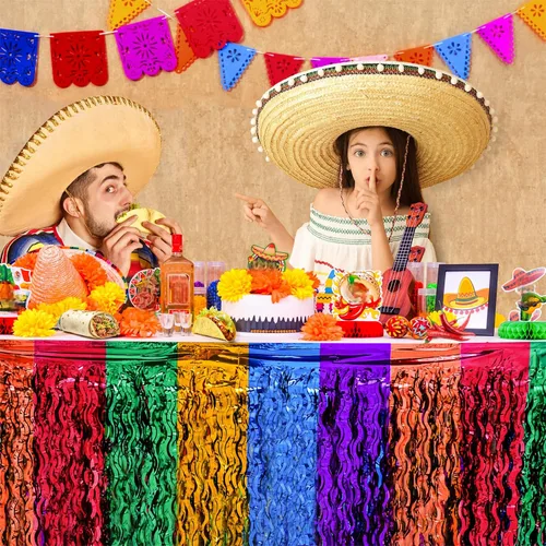 Miniatura 2 de Decoraciones de fiesta Mega-L, paquete de 2 decoraciones de fiesta de tacos Cinco de Mayo, faldas de mesa onduladas de oropel metálico con flecos