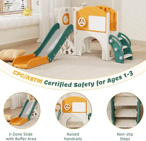 Miniatura 5 de 67i Tobogán infantil para interiores con tabla de dibujo, juego de golf, aro de baloncesto, parque infantil para niños de 1 a 3 años, pasos