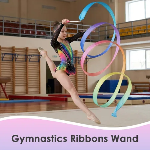 Miniatura 6 de YGEOMER 2 varillas bailarinas de cinta de seda 100% pura para niños, cinta de gimnasia y serpentinas arcoíris pastel para baile de maypole, fiesta