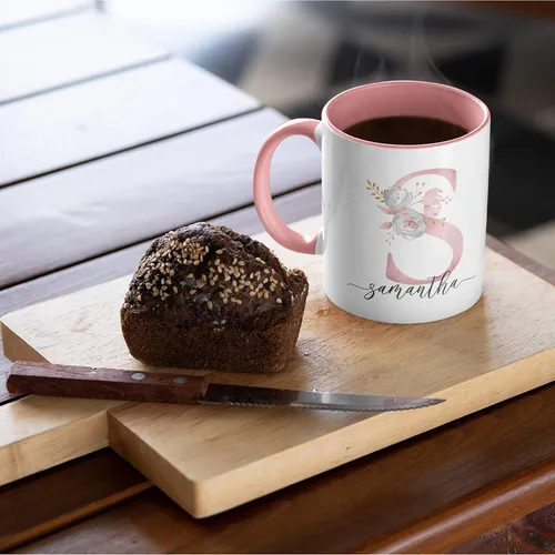 Miniatura 4 de Taza de café personalizada, regalo para mujeres, taza de café personalizada con nombre e inicial, 11 onzas, rosa, taza de cerámica personalizada