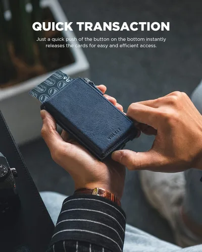 Miniatura 2 de VULKIT Tarjetero de crédito con bolsillo de cuero con cremallera desplegable con bloqueo RFID, funda de metal delgada, marino