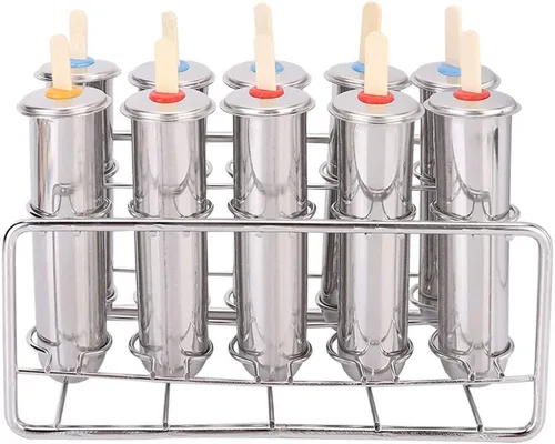 Moldes de paletas de acero inoxidable y estante con kit y 50 palos de madera, kit de moldes de paletas de hielo de acero inoxidable 304 con tapa,