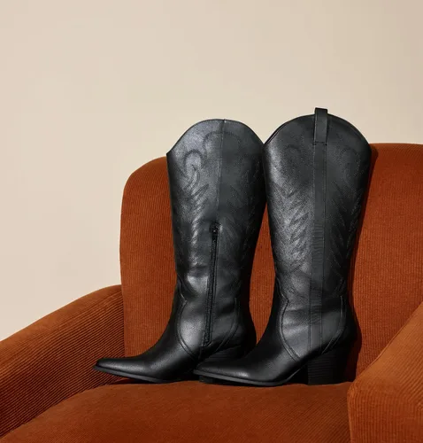 Miniatura 6 de Arromic Botas vaqueras para mujer, cómodas, bordadas, vaquera occidental, hasta la rodilla, puntera puntiaguda, cremallera, tacón grueso, traje