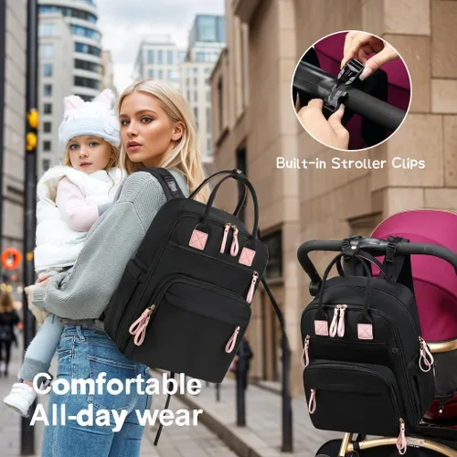Miniatura 7 de LORADI Mochila grande de 18 bolsillos para pañales con bolsillos impermeables y hebilla para cochecito, bolso convertible para bebé (Negro, Grande)