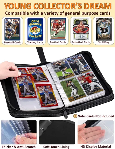 Miniatura 3 de Carpeta de tarjetas de béisbol de 440 bolsillos, 55 fundas pequeñas de béisbol, carpeta de béisbol de 3 anillos con cremallera, 4 bolsillos
