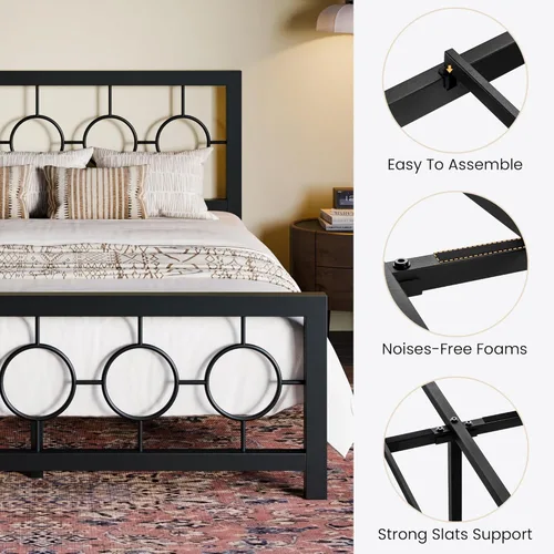 Miniatura 6 de SHA CERLIN Marco de cama de metal tamaño Queen con cabecero y estribo de diseño circular vintage, no requiere somier, fácil montaje, sin ruido, Negro