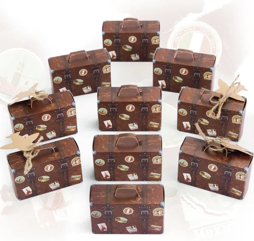 VGOODALL 50 cajas de favor en forma de maleta mini, caja de dulces con tema de viaje, cartón kraft vintage con etiquetas y cordel de arpillera para