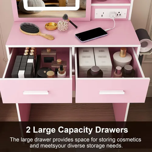 Miniatura 9 de Escritorio de tocador para adolescentes con espejo y luces, pequeña mesa de tocador con espejo deslizante, mini tocador de maquillaje con cajones