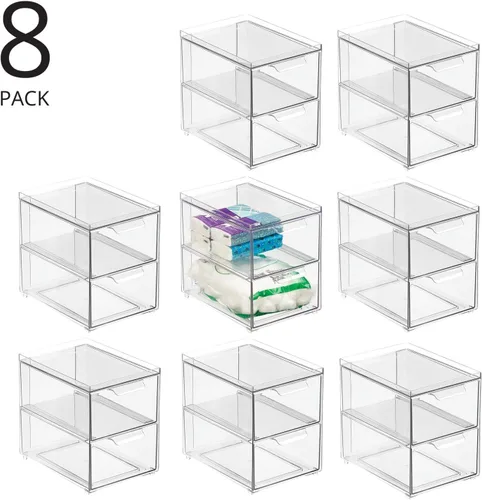 Miniatura 3 de mDesign - Cajas de almacenamiento apilables con 2 cajones extraíbles - Cajones de plástico apilables para baño principal o de invitados, armario