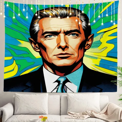 Shrahala American Election Man Wall Tapestry, Yellow Hair Suit Green Background Wall Hanging Large Tapestry Decoration Polyester Fiber White Hem