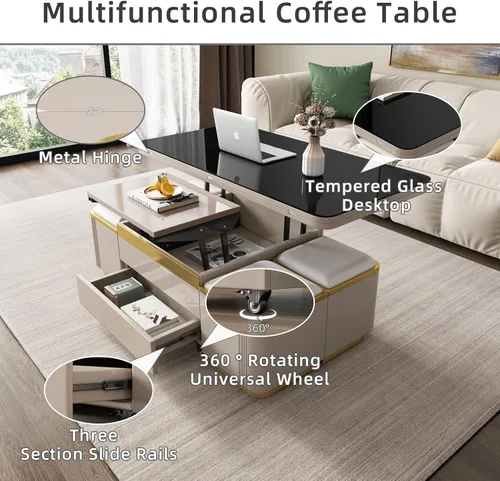 Miniatura 6 de Guyii Mesa de centro elevable con taburetes de almacenamiento, mesa central 3 en 1, altura ajustable, mesa plegable para sala de estar, ahorro