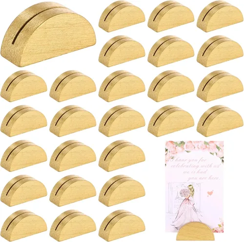 Paquete de 50 soportes para números de mesa, pequeños tarjeteros de madera, elegante diseño medio redondo para tarjetas de identificación, Oro