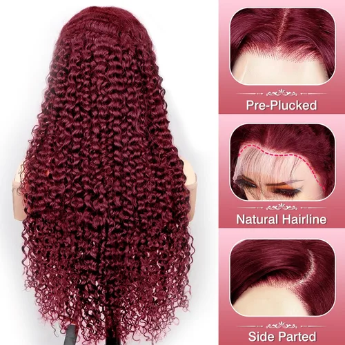 Miniatura 3 de Nsvnsv Peluca de cabello humano burdeos 99j borgoña de 13 x 6 pulgadas, pelucas de encaje frontal transparente HD de cabello humano prearrancado