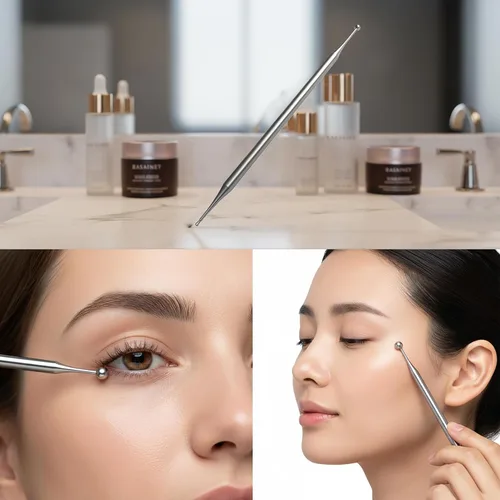 Miniatura 3 de BYYDDIY 6.3pulg de acero inoxidable herramientas de reflexología facial de doble cabeza con bolsa de fieltro, herramienta de masaje de oído, punta