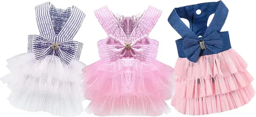Miniatura 13 de Vestidos para Perros, Ropa de Mascota a la Moda, Vestidos de Princesa para Cachorros con Rayas y Malla (Azul, XS)