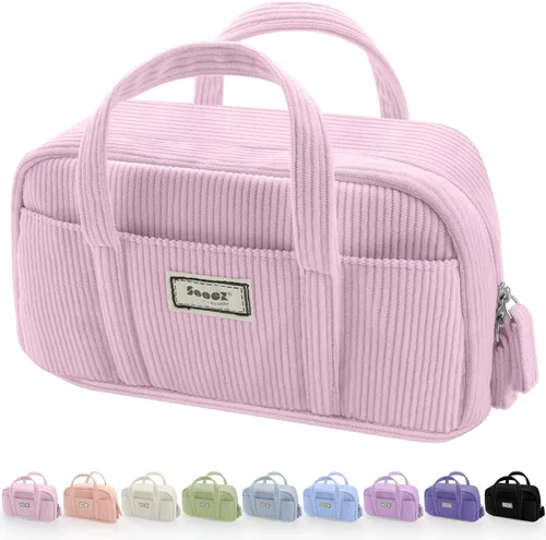 Miniatura 11 de Sooez Estuche grande para lápices, extra grande con 5 compartimentos, bolsa para bolígrafos de amplia apertura, organizador de pana suave con Beige