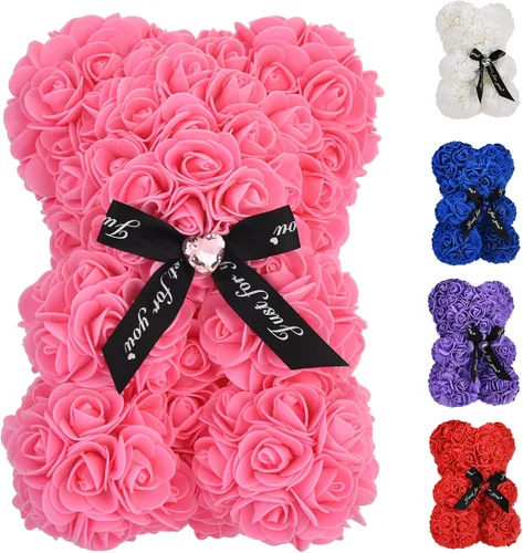 Miniatura 15 de Oso de peluche hecho de rosas, regalo para mujer, regalo para madre, hecho a mano, con tira de luces, con caja de regalo, para regalo de cumpleaños