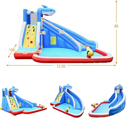 Miniatura 3 de BOUNTECH - Tobogán acuático inflable, parque de toboganes acuáticos con temática de tiburón para niños y adultos, diversión al aire libre