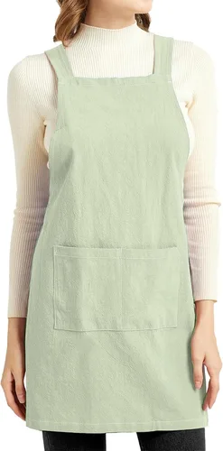 Miniatura 12 de ELEZAY Delantales para mujer con bolsillos, talla grande, cómodo, espalda cruzada, sin lazo, delantal de lino y algodón Marrón