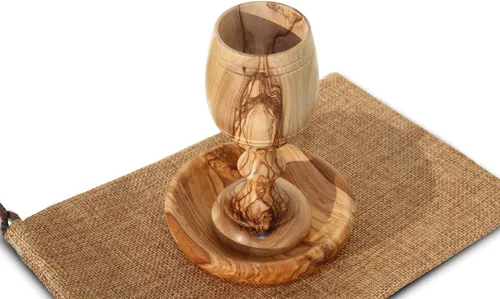 Miniatura 4 de Copa de Comunión de Madera de Olivo Tallada a Mano de 4.5 Pulgadas con Bandeja para Pan – Pequeña Copa Kiddush para Eucaristía, Santa Comunión