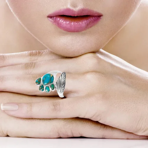 Miniatura 2 de Dog Paw - Anillo de plata de ley 925 turquesa auténtica, Metal Gema, Turquesa